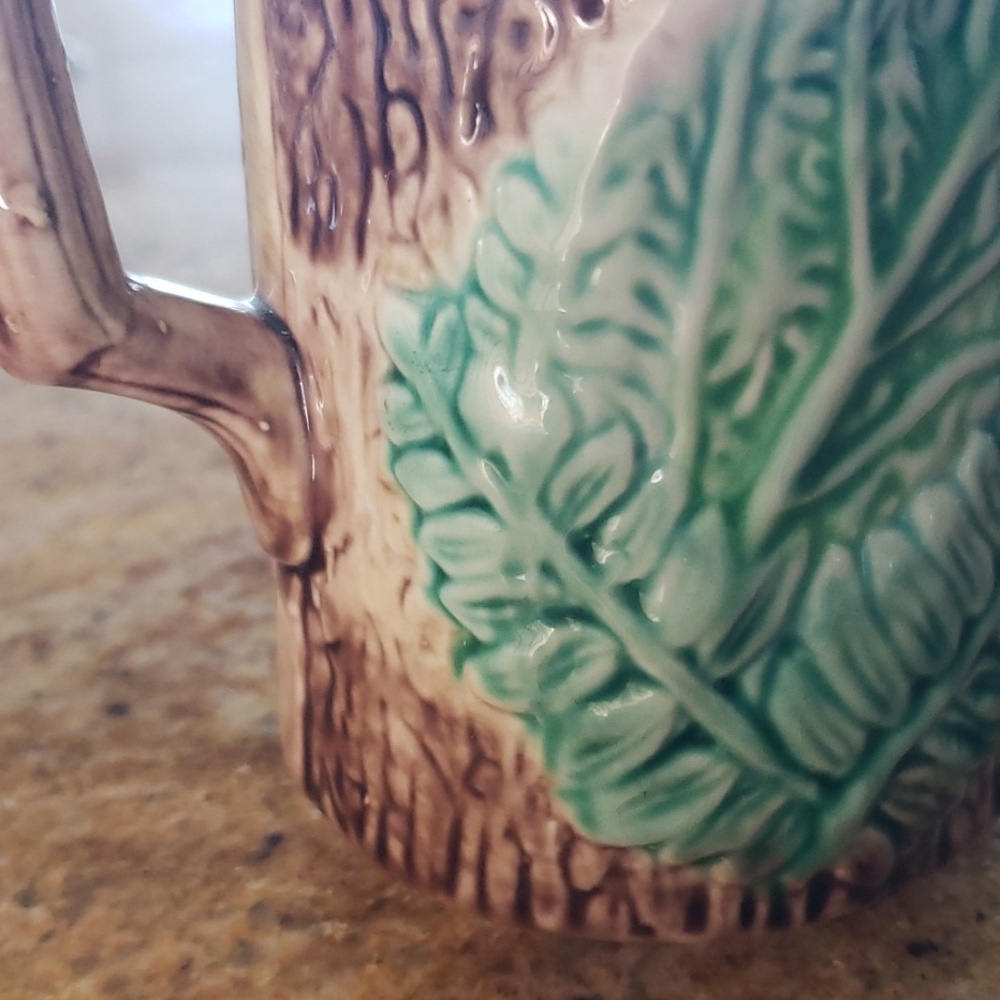 Antique Majoica Begonia Fern Leaf Rustic Tree Bark Planter Vase, Decor Pitcher - Picture 14 of 16